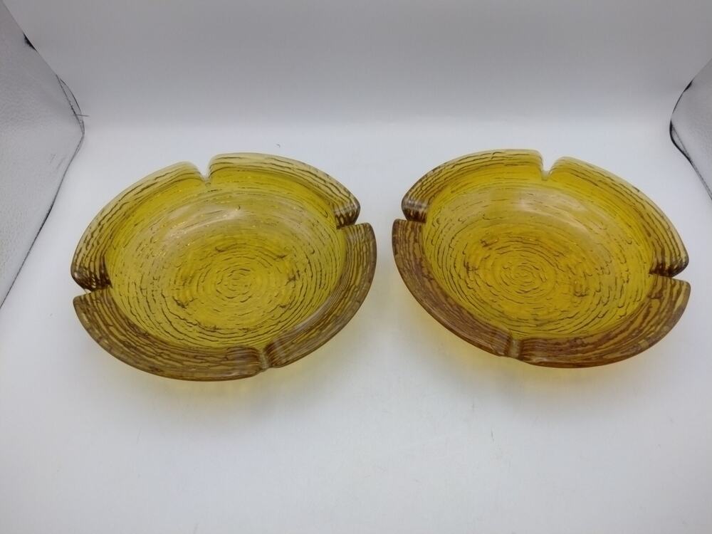 Vintage 2 Amber Glass Ashtray Round MCM Trinket Dish Birds Nest 8.75"